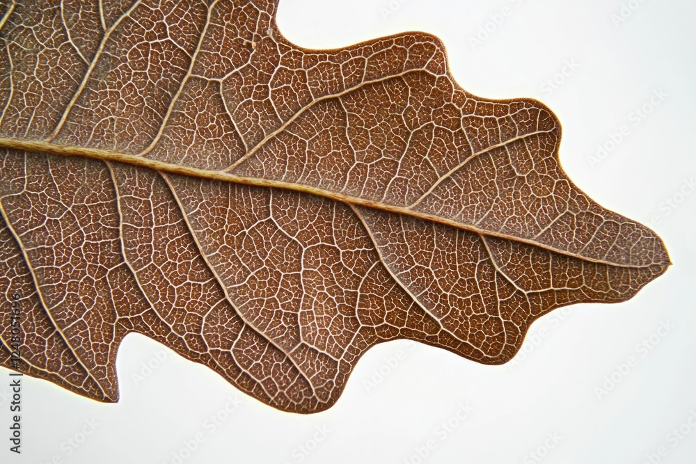 Poster a close-up view of a single leaf on a white surface, great for use in designs where texture and deta