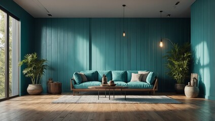 A minimalist interior featuring a turquoise wall and polished wooden floor, with light streaming through the window,