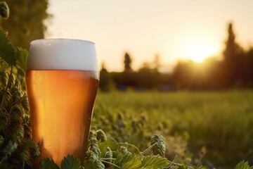 A glass of beer sits on a vibrant green grassy area, perfect for outdoor celebrations or casual gatherings