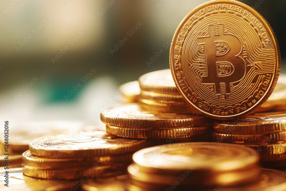 Poster a stack of currency with a bitcoin token on top, ideal for financial or crypto-related uses
