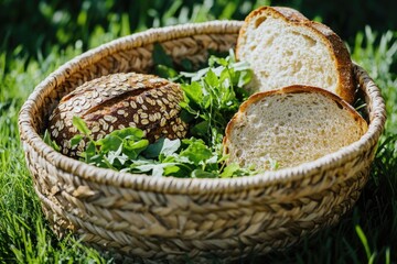 Obraz premium A basket filled with fresh bread and greens situated on a lush green grass, perfect for a outdoor picnic or food photography