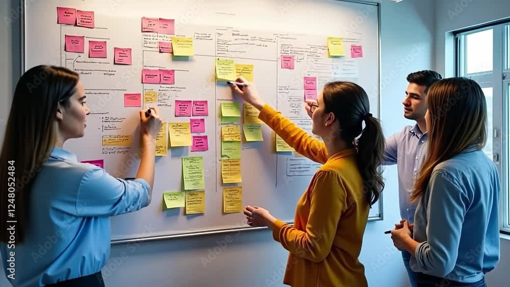 Poster strategic brainstorm: a diverse team collaborating intently around a whiteboard covered in colorful 