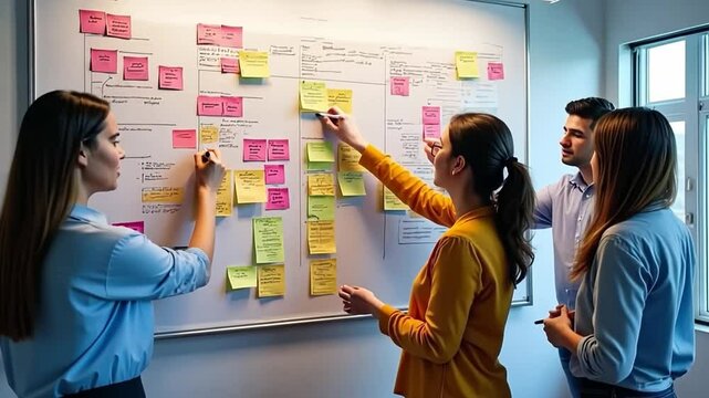 Strategic Brainstorm: A diverse team collaborating intently around a whiteboard covered in colorful sticky notes, immersed in a dynamic process of strategic planning and problem-solving.