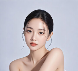 Beautiful Asian girl with cosmetics modeling clean face closeups