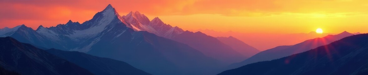 Obraz premium Towering mountain peaks ablaze with orange hues as sunset descends, Wilderness, Orange Light