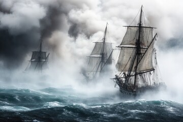Obraz premium A fleet of historic vessels navigating through calm waters, great for maritime or adventure-themed projects