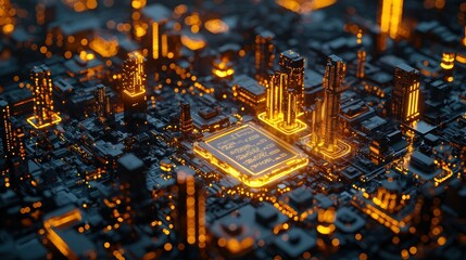 Illuminated CPU city scape, futuristic tech background