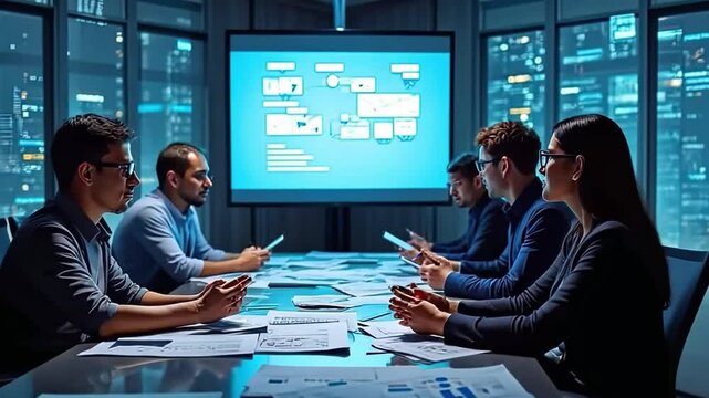 Tech Team Brainstorm: A diverse team of software developers collaborates around a large screen displaying a complex flowchart during a late-night brainstorming session in a modern, high-tech office.