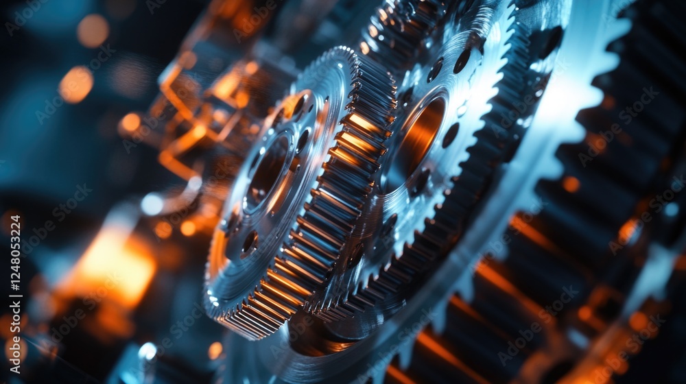 Poster a close-up shot of a bunch of gears on a table, great for illustrating mechanical or industrial conc