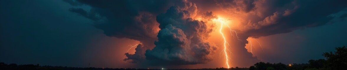 Thunderstorm with a massive cumulonimbus cloud and bright yellow lightning, rain, chaotic