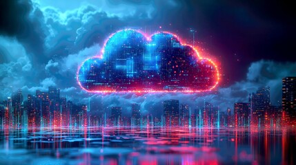 Cyberpunk Cityscape: Digital Cloud Computing Network, Futuristic Technology, Neon Lights, Night City, Abstract Art