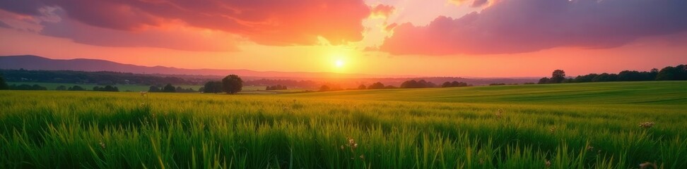 The sky turns pink and orange as sunset falls on a vast green meadow, fields, colors, warm light