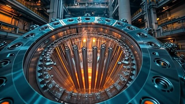 Nuclear Reactor Core: Glowing fuel rods within the pressure vessel of a nuclear reactor, showcasing intricate engineering and the power of nuclear energy. 
