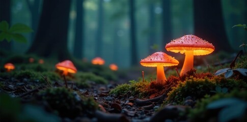 Fototapeta premium The forest is illuminated by soft, ethereal light emanating from glowing mushrooms, soft, eerie, warm