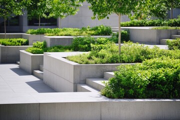 Urban landscape with concrete planters and greenery in the background