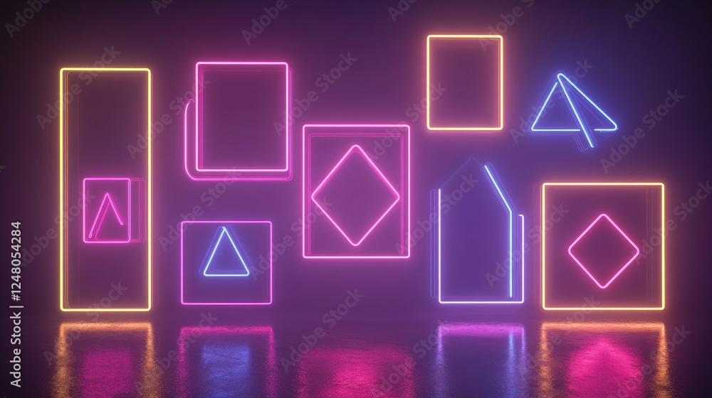 Poster transparent frames with neon light effect set isolated on background. vector realistic illustration 