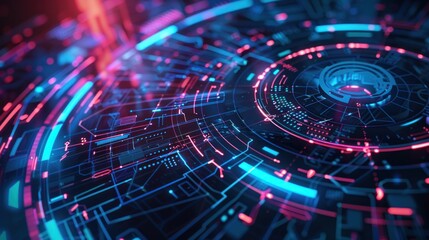 Obraz premium Futuristic holographic circular display with data matrix encrypted display background. Generated AI