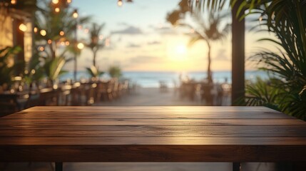 Empty wooden tabletop, blurred beach restaurant background at sunset, product display counter