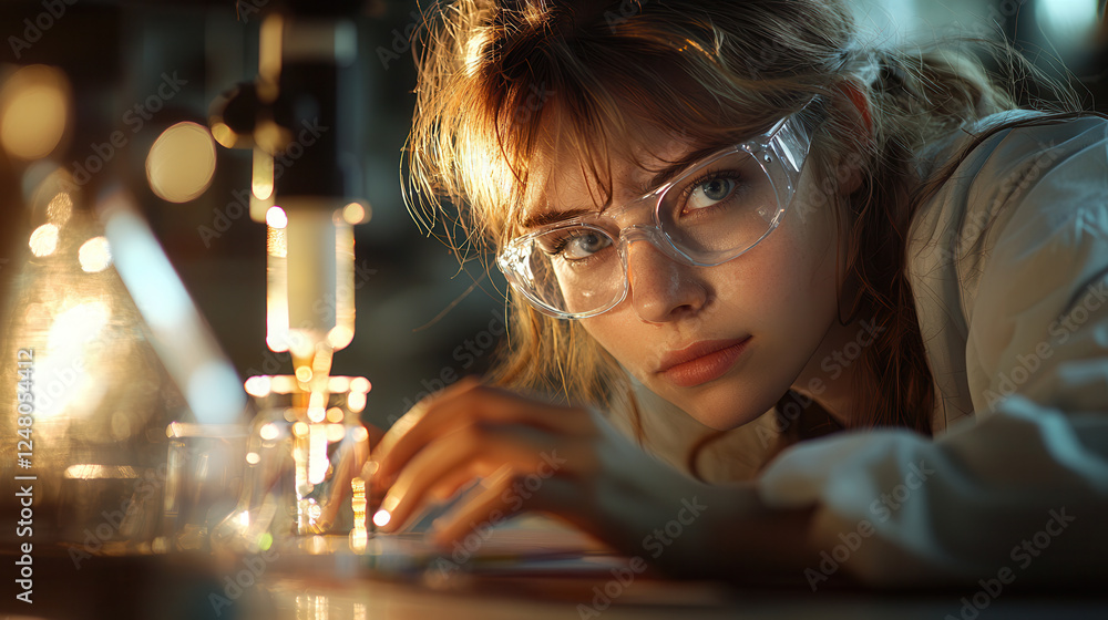 Poster scientist analyzing samples under microscope in laboratory setting, showcasing focus and concentrati