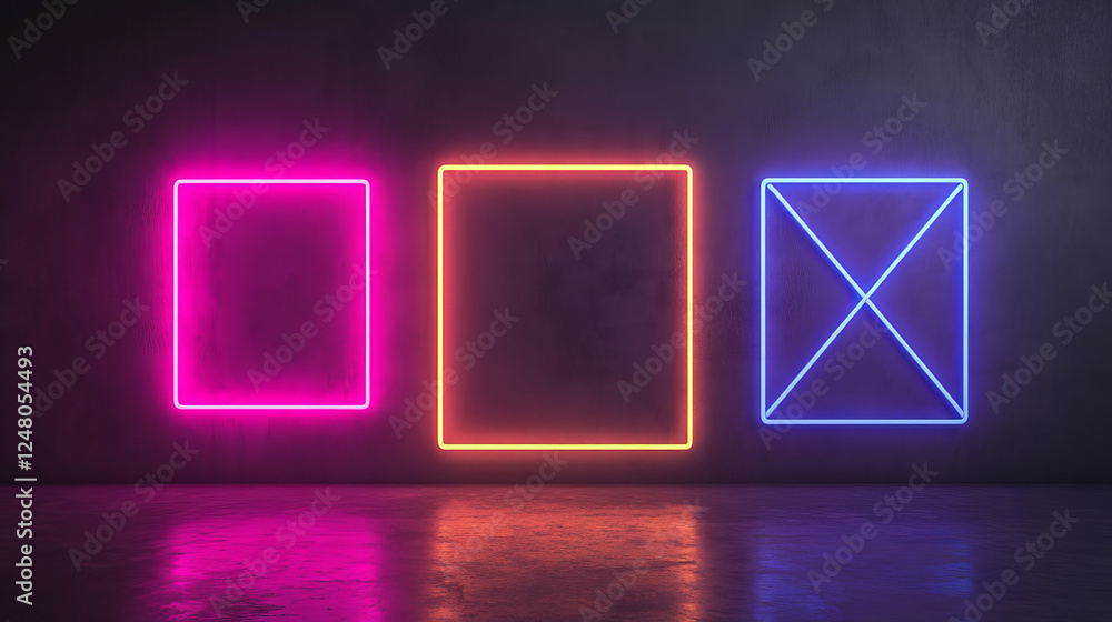 Poster transparent frames with neon light effect set isolated on background. vector realistic illustration 