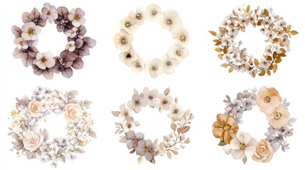 Four decorative wreaths filled with flowers and leaves, ideal for spring or summer events