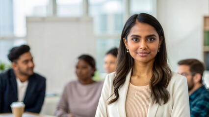 Young Indian Female Professional Presenting Creative Ideas During a Collaborative Team Meeting looking at the camera front view
