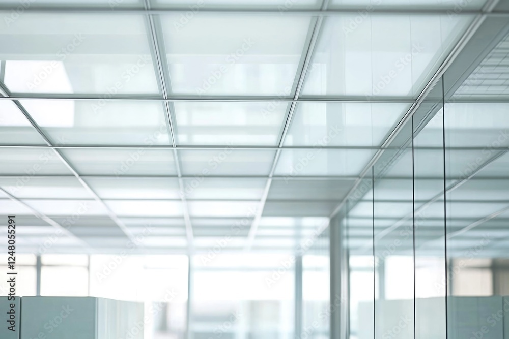 Poster Modern office space with multiple desks and glass partitions separating each workspace