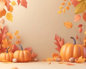 Autumn pumpkins, leaves, beige background, fall scene