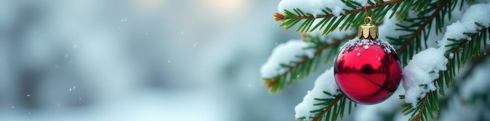 Snow-covered branch holds a warm red ornament, snow, soft background