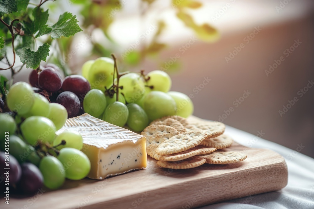 Poster a simple wooden cutting board filled with crackers and grapes, perfect for serving or snacking