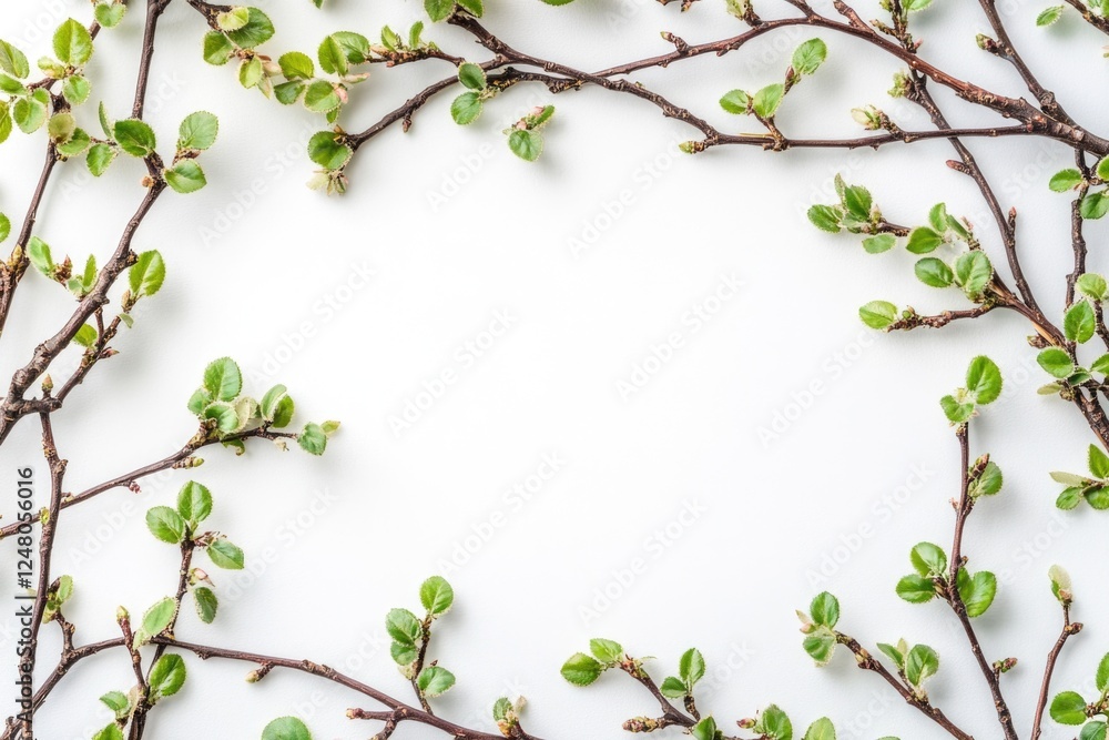 Poster a collection of green branches with lush leaves on a clean white background, suitable for use in nat