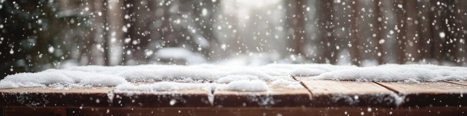 A serene winter scene featuring a wooden deck covered in snow, surrounded by evergreen trees