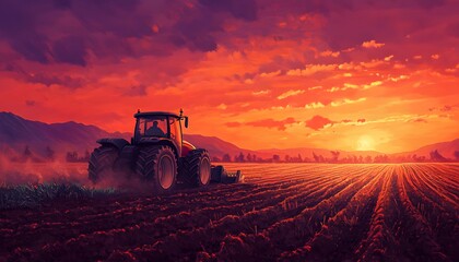 Fototapeta premium Tractor working in field at sunset with dramatic sky