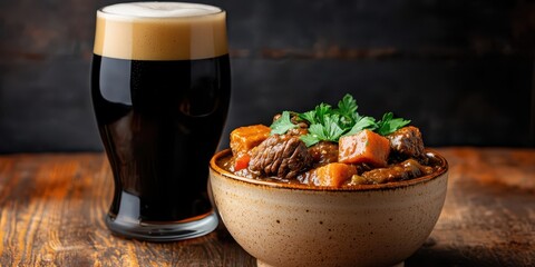 Delicious stew paired with a stout beer on a rustic table. Alcoholic beverage with food.