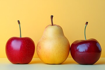 Yellow background, pears, cherries, fruit still life