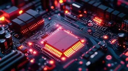 Illuminated CPU on circuit board, technology background, digital future