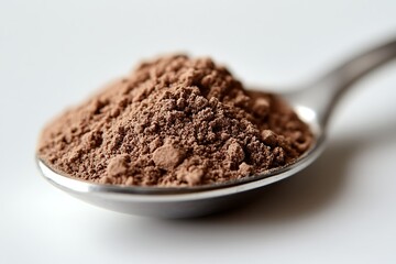 Cocoa powder on spoon, close-up, studio shot, white background
