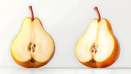 Two halved pears on white surface