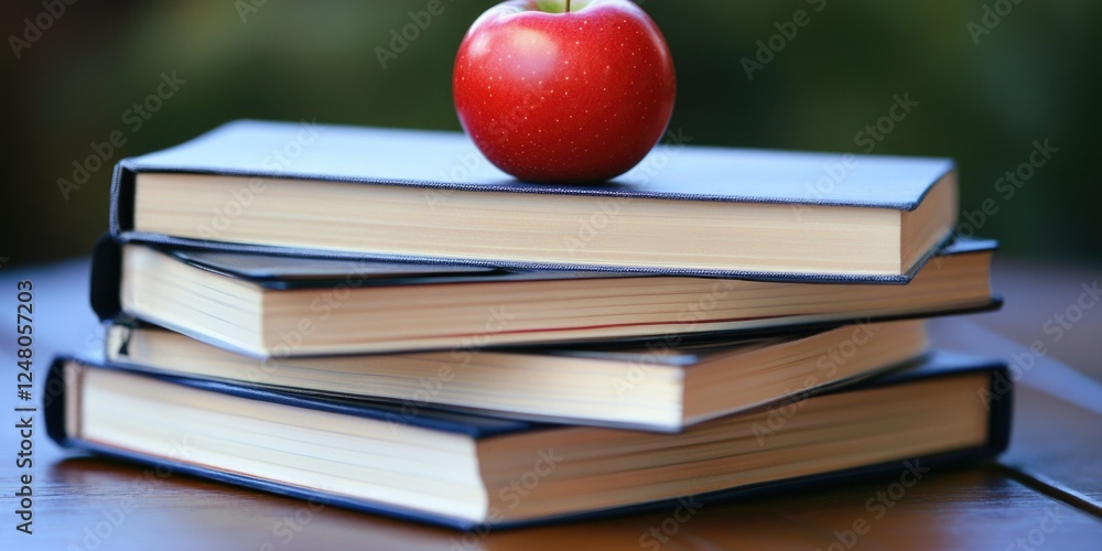 Poster a bright red apple perched atop a pile of books, perfect for adding a pop of color to your education