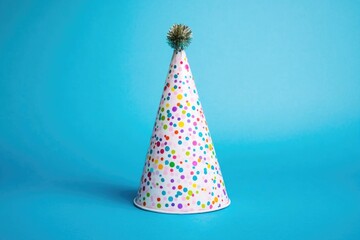 A colorful party hat against a bright blue background, perfect for celebrations and parties