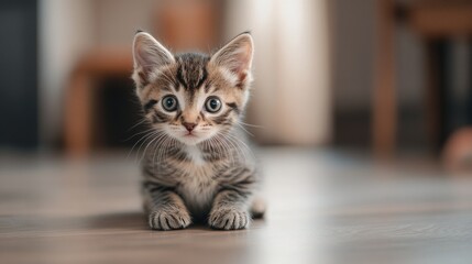 A small kitten sitting on the floor looking up at the camera