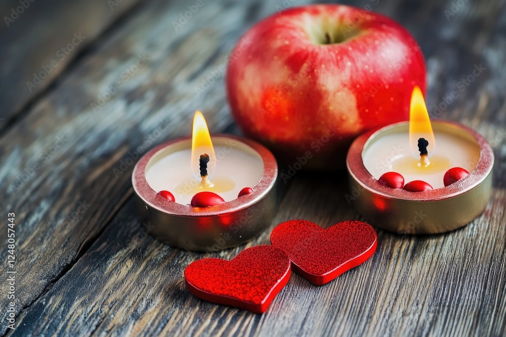 Poster a pair of candles sit beside a bright red apple, creating a warm and inviting atmosphere
