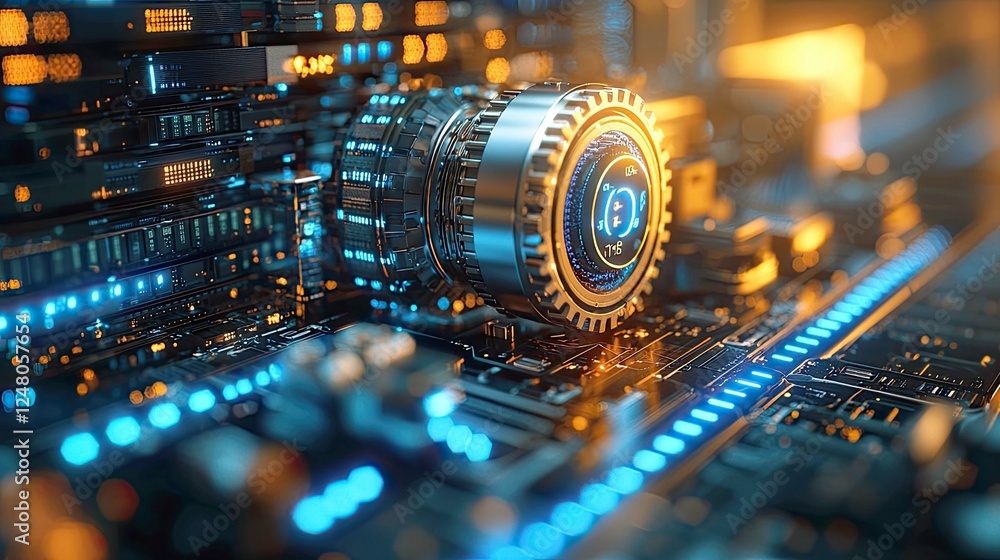 Poster close-up of futuristic circuit board with glowing digital gear. a cyberpunk-style image representing