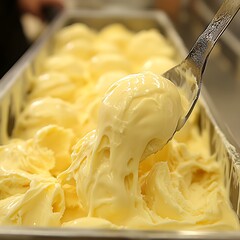 Creamy ice cream scoop, kitchen