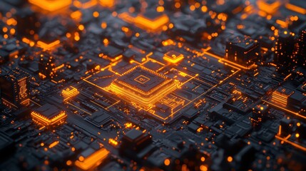 Illuminated CPU on Motherboard, Data Flow, Tech Background,  Website Design
