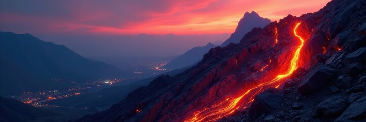 Fototapeta premium Molten lava flows down the sides of a volcanic mountain in fading light, mountainous, rock