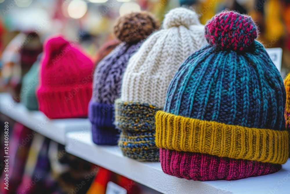 Poster a collection of brightly colored knitted hats displayed on a shelf, perfect for creative and artisti