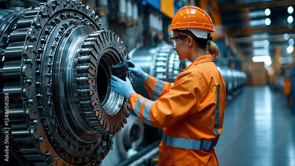Poster precision inspection: a skilled engineer meticulously inspects a complex industrial machine componen