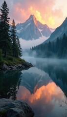 Fototapeta premium Misty morning dawn breaks over serene mountain lake, forest, trees, serene