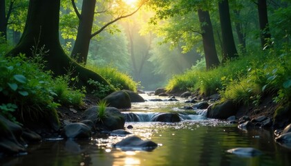 Obraz premium Misty forest stream flowing gently in the morning, tranquil, calm